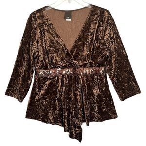 JTB Velvet Babydoll Wrap Top Womens Large Brown Sequined Witchy Whimsigoth Y2K
